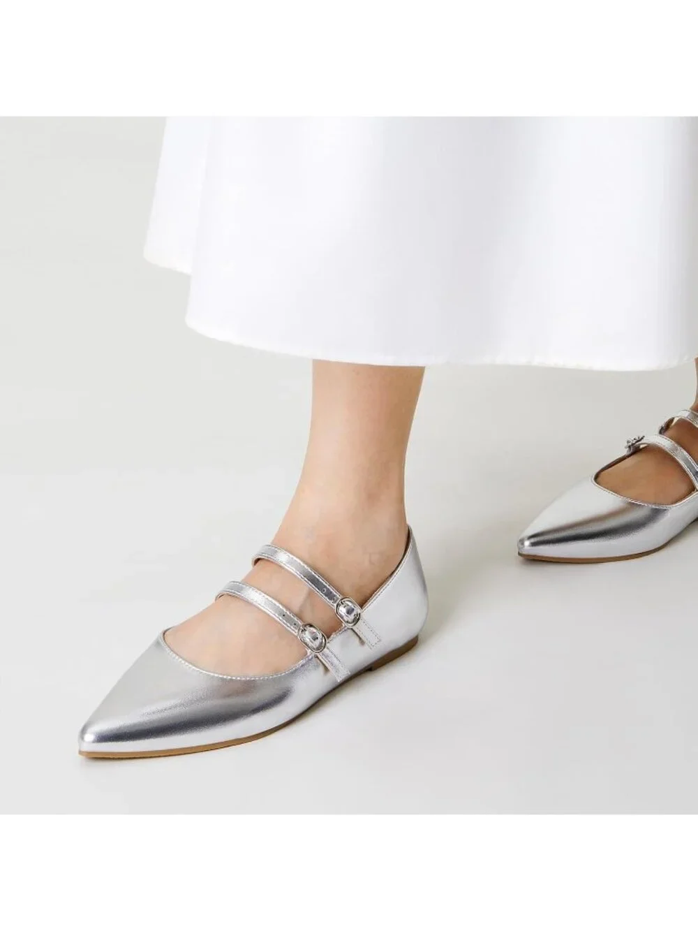 Women's Silver Mary Jane Shoes Women Closed Pointed Toe Ballet Flats Comfortable